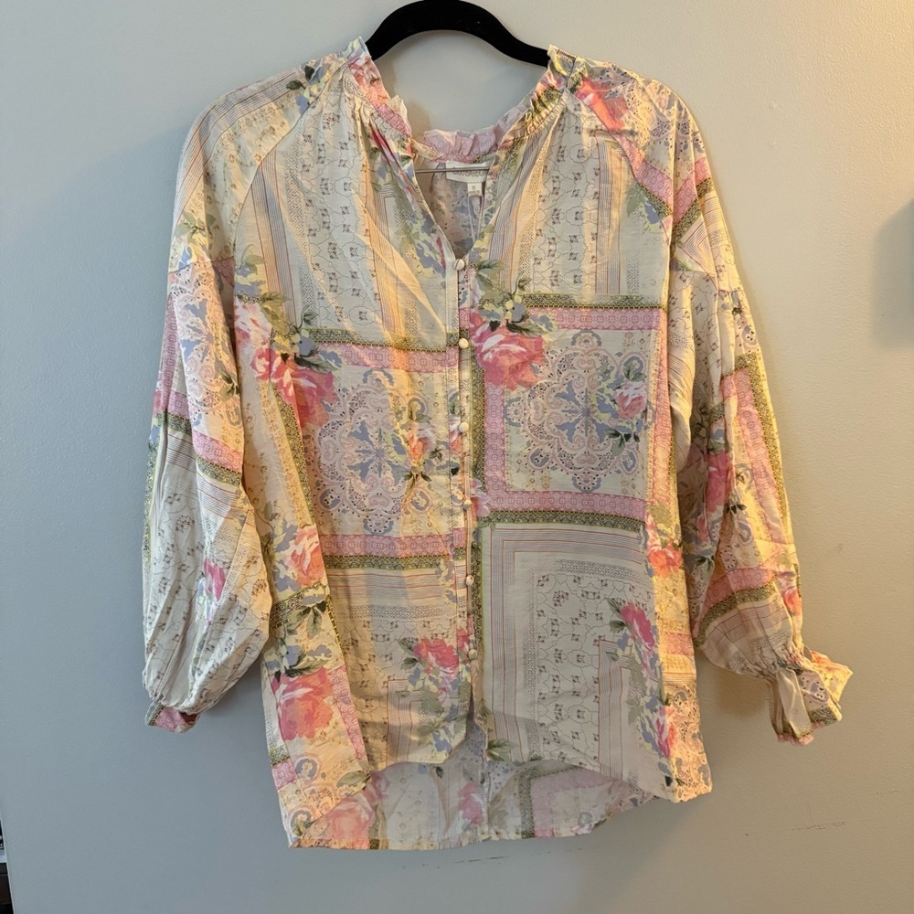 GRANDANDGREENE Floral Patchwork Cottagecore Romantic Button Blouse Size Small